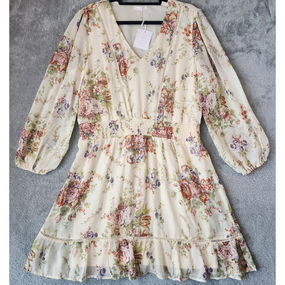 LC Lauren Conrad Dress Womens XL Cream Floral Smocked Waist V-Neck Long Sleeve